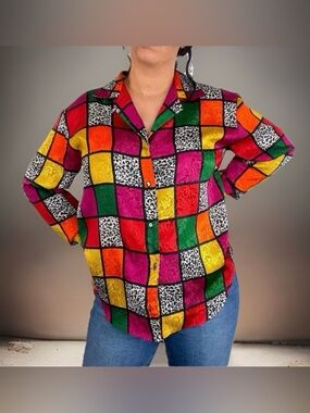 VTG Laura & Jayne Women’s Patchwork Button-Down Shirt-Multicolor/Print-14-EC